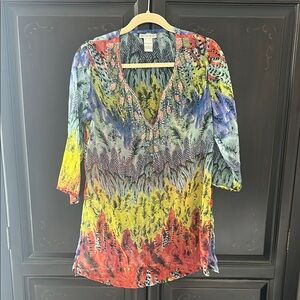 Multi-Color V-Neck Sheer Beach Tunic Top - Bold Abstract Print Beaded Detail